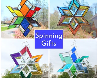 Stained Glass Hanging Spinners. Gifts. 4 colorways to choose. Catch the Sunlight & cast prisms all around. Suncatcher for inside or outside.