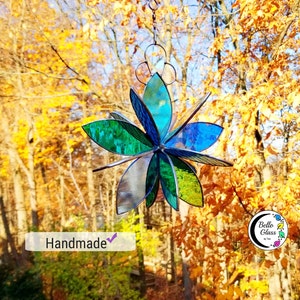 Stained Glass Flower Suncatcher – Hanging Blues and Greens Glass Art – Garden Window Decor – Handmade Gift by Bello Glass