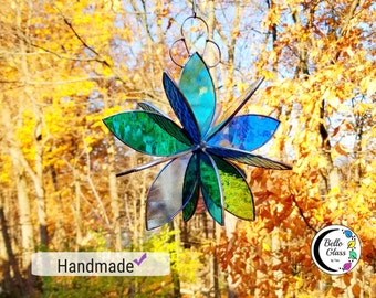 Twirling Flower stained glass suncatcher. Blues and greens. 2 sizes. Inside or outside. Easy gift. Stained glass garden art and home decor.