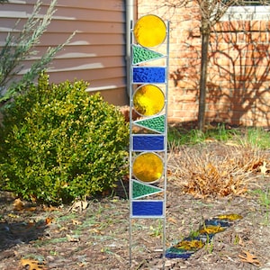 Geometric Glass Garden Art Stake. Yellow, Sea Green & Blue. Tall stained glass sculpture yard decor. Unique gardening gift idea.