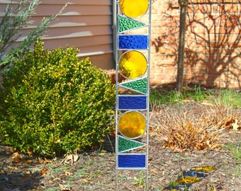 Geometric Glass Garden Art Stake. Yellow, Sea Green & Blue. Tall stained glass sculpture yard decor. Unique gardening gift idea.