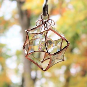 Copper small glass star sun catcher with crystal orb. Boho chic decor. Beveled hanging glass ornament sculpture. Gift idea. Prisms galore!