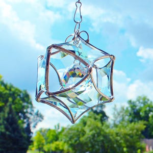 Unique crystal glass suncatcher, beveled glass with faceted orb. Silver small stained glass rainbow maker. Hanging decor for sunny window.