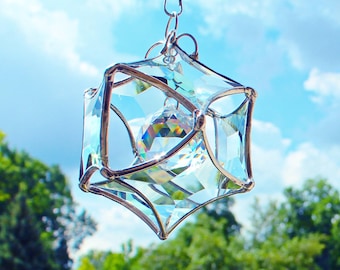 Star Beveled Glass Suncatcher. Crystal Prism Orb, Silver Stained Glass Rainbow Maker