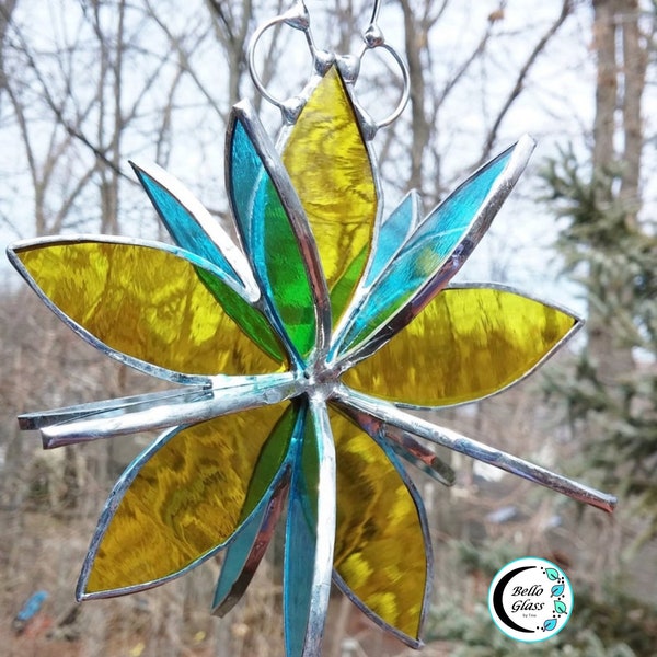 Stained glass hanging flower suncatcher. Yellow Aqua. Garden art and home decor. 2 sizes. Indoor or outdoor decoration. Great gift idea.