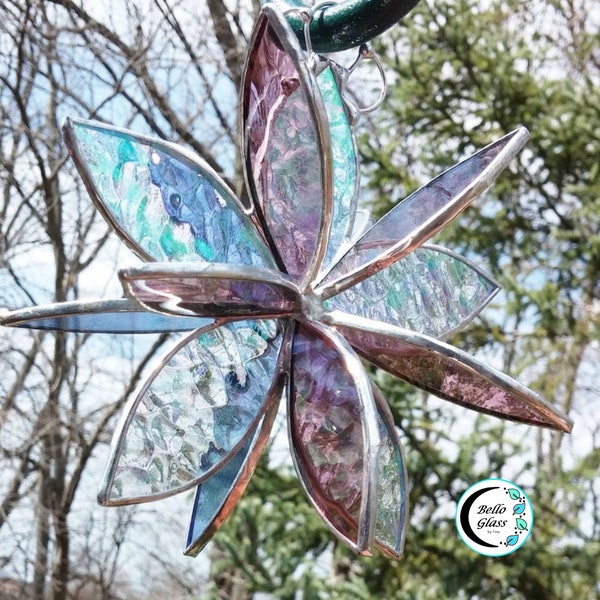 Stained glass hanging flower suncatcher. Iridescent Rose Blue. Garden art and home decor. 2 sizes. Indoor or outdoor. Great gift idea.