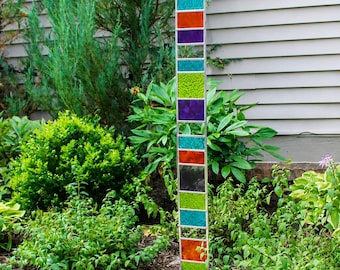 Stained Glass Garden Sentry: 44" Silver or Copper Framed Yard Art