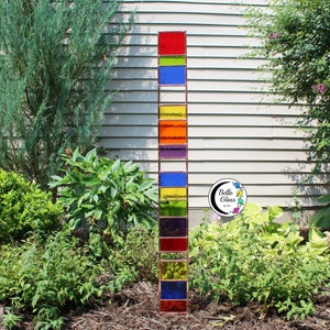 Tall Garden Sentry stained glass 44&quot; stake with copper frame. Transparent primary colors. Beautiful eye catching statement yard decoration.