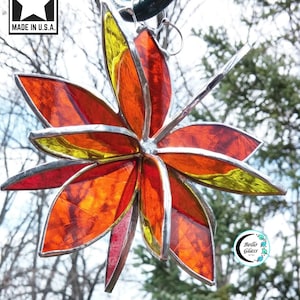 Stained glass hanging flower suncatcher. Orange Red Yellow. Garden art and home decor. 2 sizes. Indoor or outdoor decoration. image 1