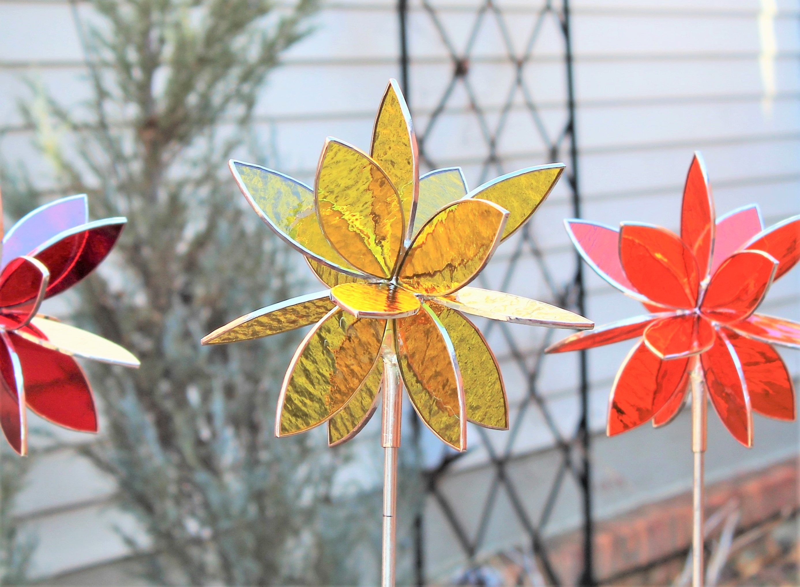 Set of 3 stained glass flower garden stakes. Colorful garden Etsy