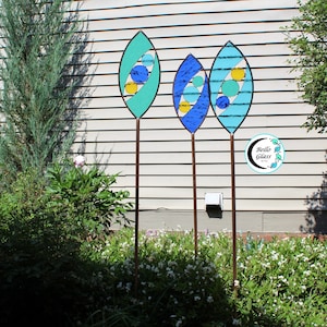 Tall Stained Glass Garden Art Stake 56 inch. Ellipse shape in ocean colors. You pick 1, 2 or 3. Modern garden decor great gift for gardeners