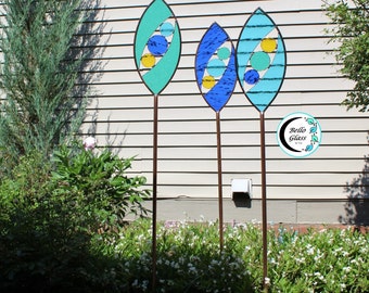 Tall Stained Glass Garden Art Stake 56 inch. Ellipse shape in ocean colors. You pick 1, 2 or 3. Modern garden decor great gift for gardeners