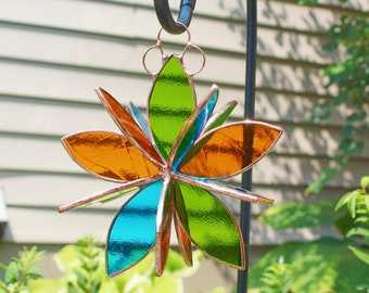 Copper Finished Stained glass hanging flower suncatcher. Amber Green Topaz. Garden art and home decor. 2 sizes. Indoor or outdoor. Gift idea