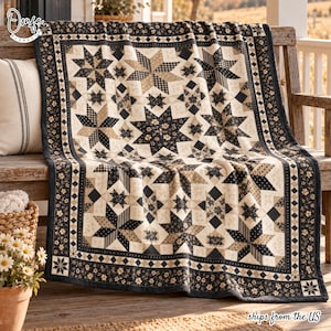 Star Patchwork Flannel Blanket, Black and Cream Quilt Print Throw, Vintage Floral Farmhouse Decor, Soft Cozy Sofa Blanket, Housewarming Gift
