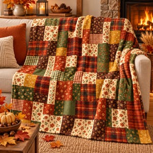 May include: A patchwork throw blanket featuring a variety of square fabric patterns in autumn colours including burnt orange, deep red, forest green, and mustard yellow, with floral prints, plaid designs, and small gingham checks throughout.