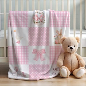 Manta personalizada rosa con lazo para bebé, manta personalizada con nombre y estampado de ganso, manta para envolver al bebé con estampado de unicornio, regalo de baby shower para niña con estampado de pajarita de conejo.