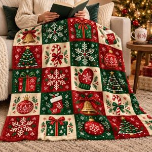 Christmas Flannel Throw Blanket, Red Green Patchwork Print, Snowflakes Candy Canes & Trees, Cozy Holiday Couch Decor, Nostalgic Winter Style