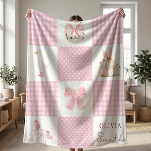 Manta personalizada rosa con lazo para bebé, manta personalizada con nombre y estampado de ganso, manta para envolver al bebé con estampado de unicornio, regalo de baby shower para niña con estampado de pajarita de conejo.