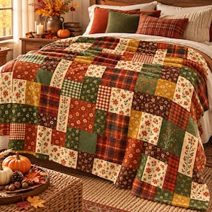 Op de afbeelding: Een patchwork quilt met een herhalend patroon van vierkanten in herfstkleuren, waaronder gebrand oranje, bosgroen, mosterdgeel en crème. Het ontwerp bevat bloemmotieven, kleinschalige ruitjespatronen en stoffen met een Schotse ruit.