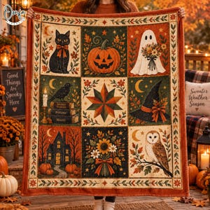May include: A rectangular throw blanket featuring a grid of nine panels with Halloween imagery including a black cat, a jack-o'-lantern, a ghost, a crow on books, a star, a witch hat, a house, flowers, and an owl, all framed by a leaf border.