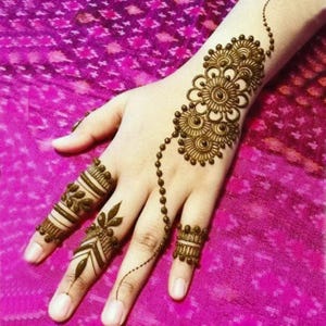 May include: Close-up of a hand adorned with intricate henna designs. The henna is a rich brown color, featuring floral and geometric patterns on the wrist and fingers. The design includes a series of small dots and detailed floral motifs.