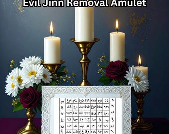 May include: An image of a spiritual amulet with the text "Black Magic Protection Taweez Evil Jinn Removal Amulet." The amulet is surrounded by lit candles, flowers, and ornate candle holders. The amulet has Arabic script.