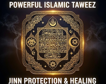 May include: A gold and black Islamic Taweez design with the text "POWERFUL ISLAMIC TAWEEZ" at the top and "JINN PROTECTION & HEALING" at the bottom. The design includes Arabic script, an eye symbol, and crescent moons. The text "BLACK MAGIC REMOVAL - EVIL EYE SHIELD - RUQYA AMULET" is also included.