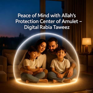 Puede incluir: Una familia de cuatro personas está sentada junta, iluminada por un aura protectora y brillante. La imagen presenta el texto "Peace of Mind with Allah's Protection Center of Amulet - Digital Rabia Taweez."