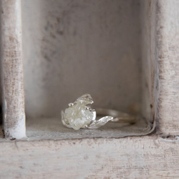 Bright rose-Unconventional-Mounted-exotic lime color- raw rough diamond - solitaire-promise- engagement ring