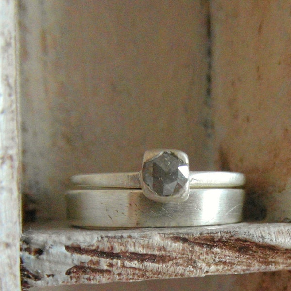 Raw Rough pave diamond-solitaire- engagement ring -one of a kind-handcrafted- wedding band set