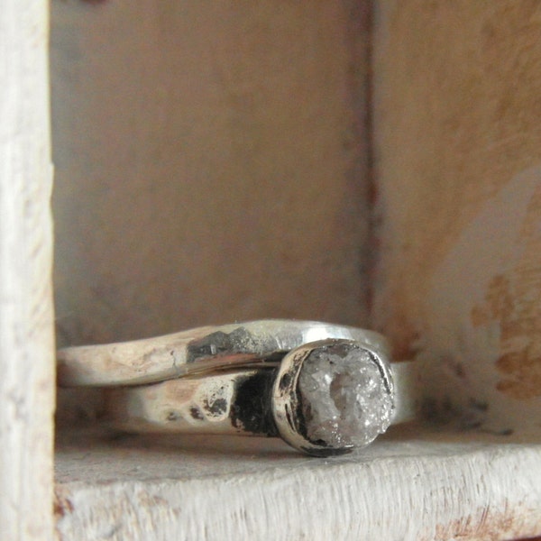 Raw Rough Diamond - Solitaire-pave set- promise-alternative-one of a kind wedding ring set-hand hammered