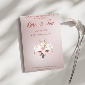 Elegant Floral Wedding Invitation Template – Dusty Rose & Blush Editable Canva Design