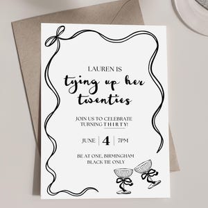 Personalised &#39;Tying up her Twenties&#39; Theme 30th Birthday Party Invitations - Digital PDF Download - A5