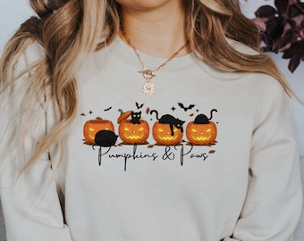 Spooky Pumpkins Cat Halloween Shirt: Retro Pumpkin and Paws Fall Sweater, Cure Autumn Outfit, Cat Mom Sweatshirt
