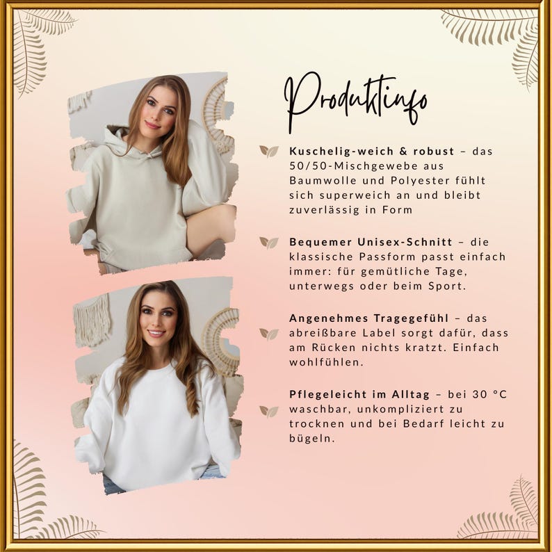 May include: The image showcases two women wearing cream-colored sweatshirts. The top image features a hooded sweatshirt, while the bottom image displays a crewneck. The text in the image provides product information.