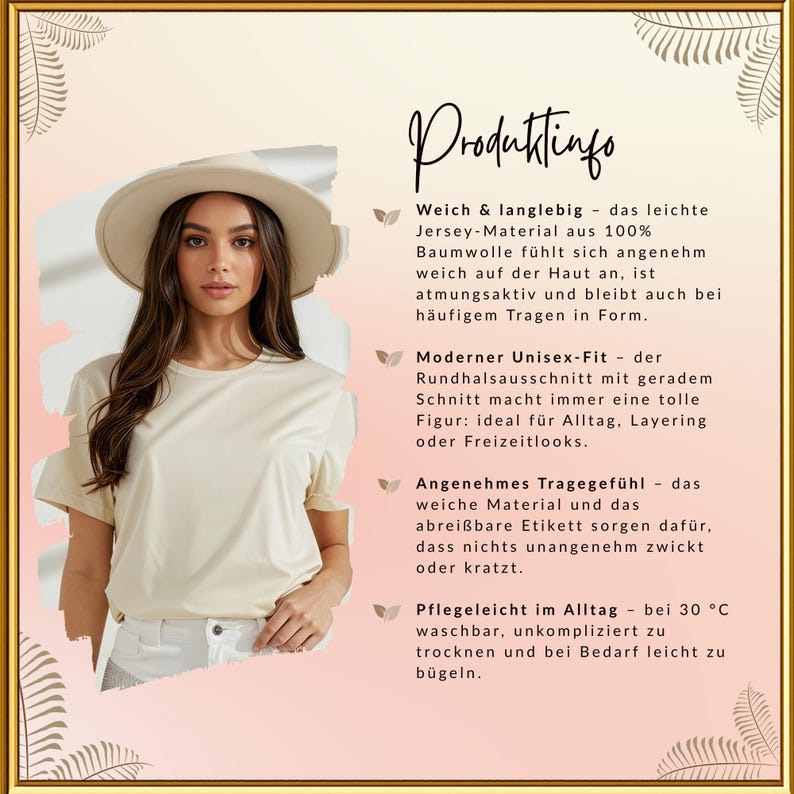 May include: A woman wearing a cream-colored t-shirt and a matching hat. The shirt has short sleeves and a crew neck. The image is framed with a gold border and decorative elements.