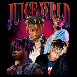 May include: A black graphic featuring multiple images of Juice WRLD with the text "JUICE WRLD" in a gradient red and purple font. The images of Juice WRLD are set against a purple and black background.
