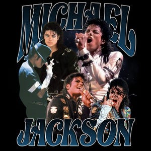 Puede incluir: Gráfico negro con múltiples imágenes de Michael Jackson en varias poses, con el nombre "MICHAEL JACKSON" en una fuente azul estilizada. El fondo es negro.