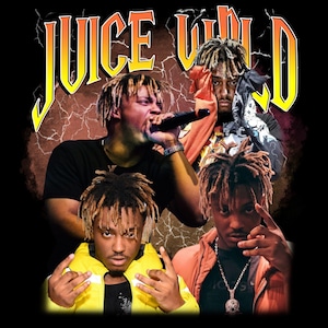 以下が含まれることがあります： 黒色のグラフィックTシャツ。Juice WRLDの複数の画像と、黄色とオレンジ色のフォントで「JUICE WRLD」の文字がプリントされています。画像には、マイクや手のジェスチャーなど、さまざまなポーズのアーティストが写っています。