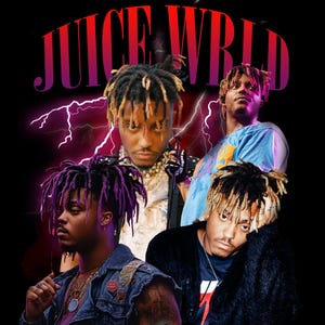 May include: A graphic featuring multiple images of Juice WRLD against a black background. The name "JUICE WRLD" is displayed in a gradient pink and purple font at the top. Lightning bolt graphics are also present.