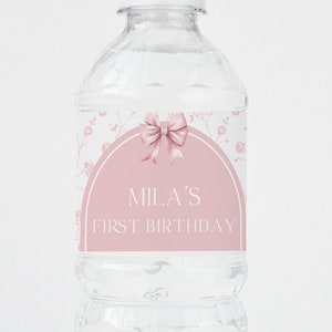 Love Shack Fancy One, 1st Birthday Water Bottle Label - Pink Toile Floral Printable, Customizable Bottle Wrapper