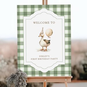 One Lucky Duck Welcome Sign, First Birthday Party Sign, Editable Digital Template, Green Gingham Welcome Sign, Duck Party Decor