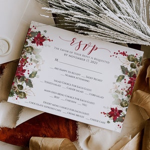 Szablon RSVP i menu kolacji na Boże Narodzenie do edycji — natychmiastowe pobranie karty odpowiedzi na przyjęcie świąteczne