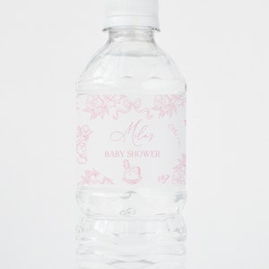 Etiqueta para botella de agua de Toile de Jouy rosa, envoltura editable, etiqueta imprimible con temática campestre francesa, decoración para fiestas DIY