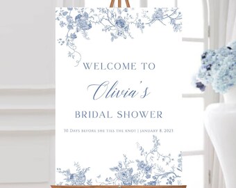 Elegant French Blue Chinoiserie Bridal Shower Welcome Sign, Customizable Template for Memorable Events