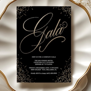 Luxurious Black and Gold Gala Invitation, Elegant Glitter Sparkle Design for Corporate Event, Invitation Template