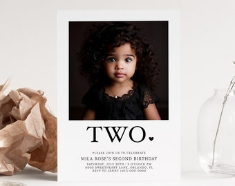 Convite minimalista para aniversário de 2 anos - Modelo editável - Imprimível