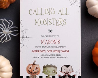 Halloween Birthday Invitation, Calling All Monsters Birthday Invite, Editable Halloween Party Invitation, Spooky Birthday Party Template