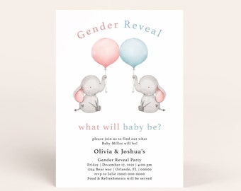 Elephant gender reveal invitation editable template, what will baby be boy or girl