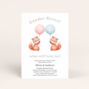 Fox gender reveal invitation editable template, what will baby be boy or girl